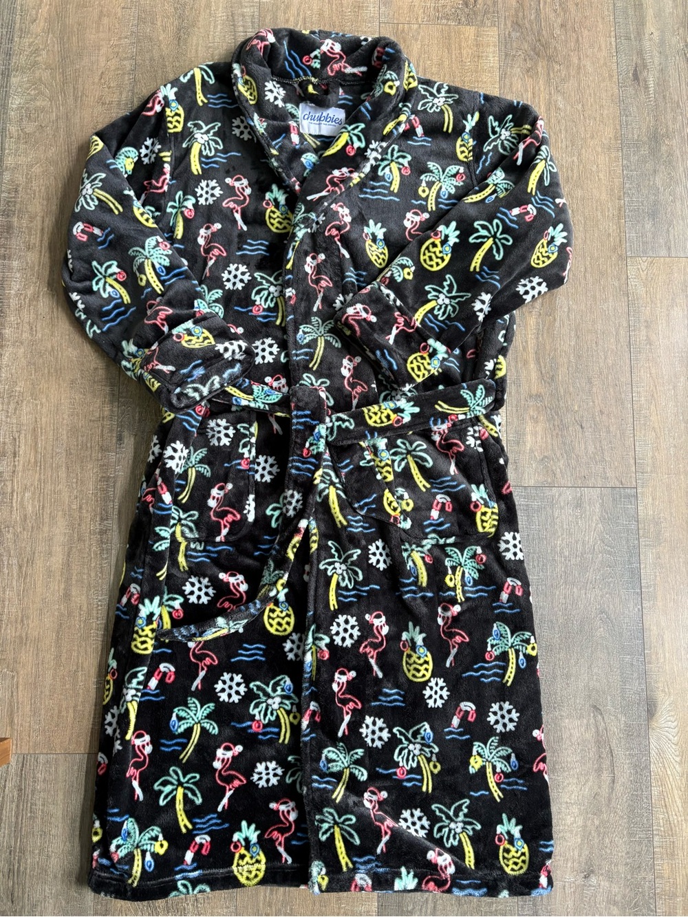 chubbies Black Fleece Robe with Neon Tropical Print